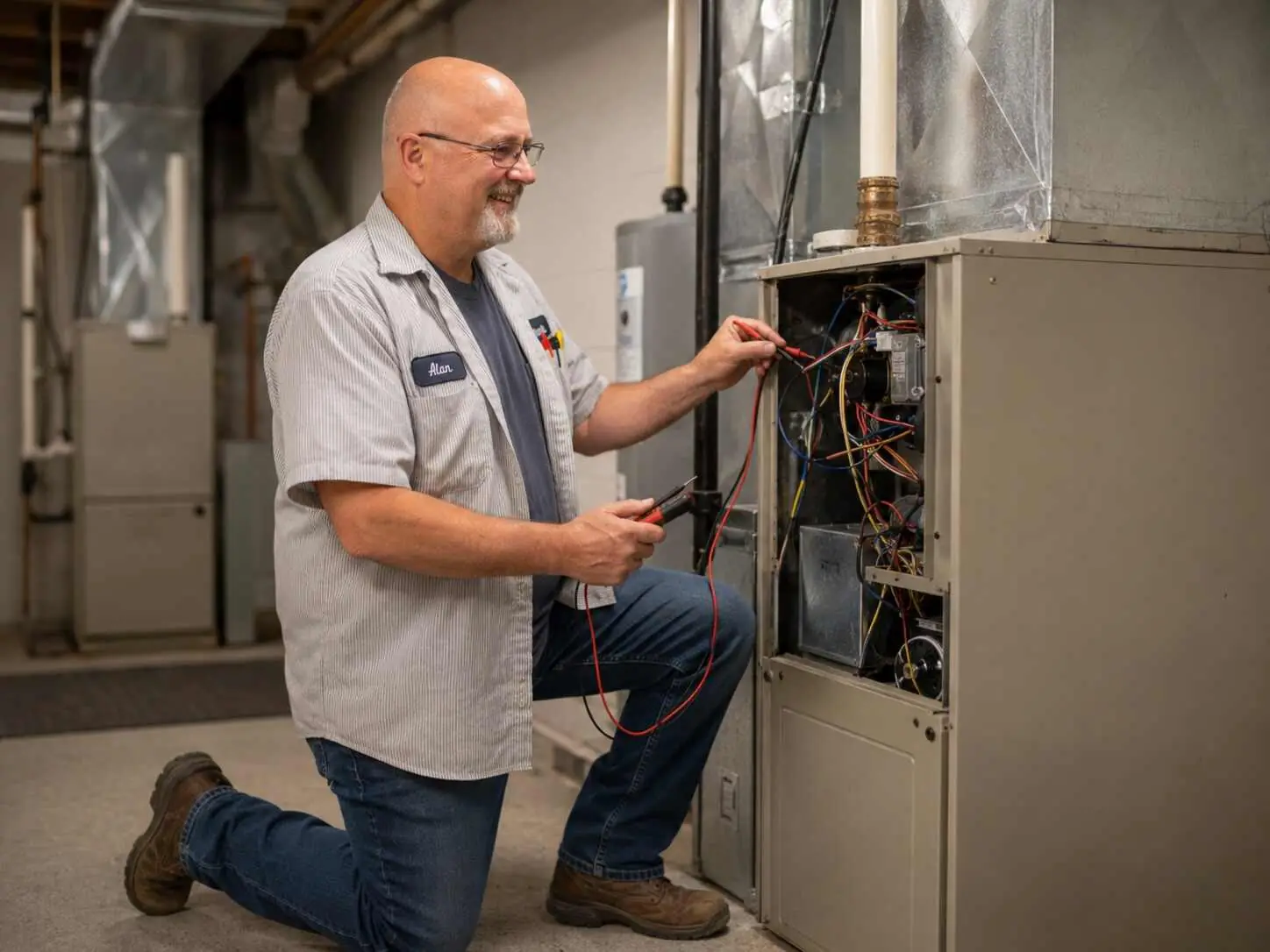 Ricotta HVAC technician wiring a residential furnace during a heating repair in Jefferson County, MO