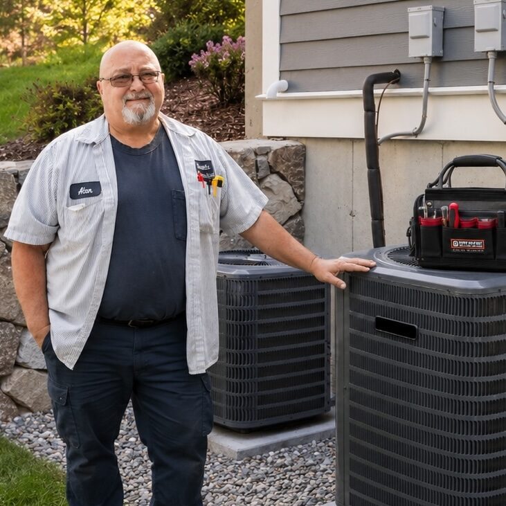 Ricotta owner Alan standing beside a residential AC condenser at a Missouri home