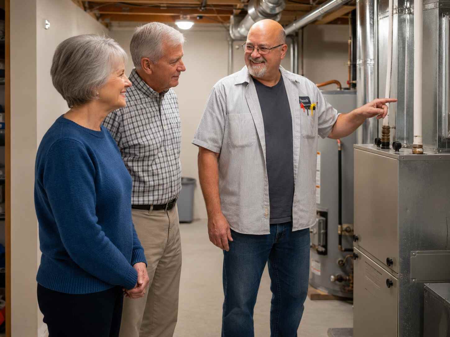 Ricotta technician Alan Ricotta reviewing furnace options with a couple in their St. Louis County home