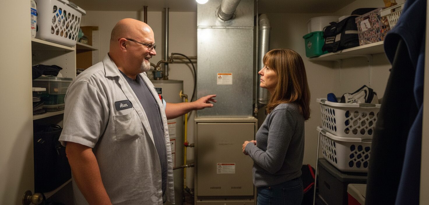 Ricotta HVAC technician servicing a residential furnace and AC system in St. Louis County, MO